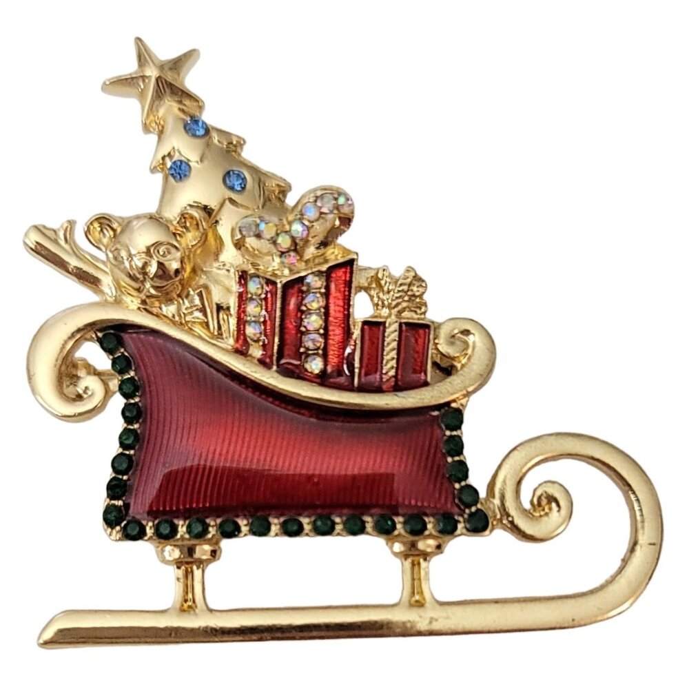 Monet Christmas Santa Sleigh Red Enamel Rhinestone Brooch Pin, Signed